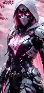 Futuristic armored samurai amid pink cherry blossoms.