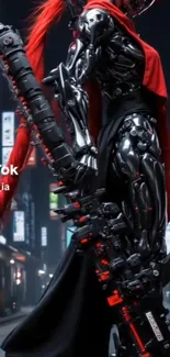 Futuristic cyberpunk samurai in armor with neon backdrop.