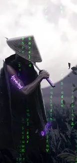 Futuristic samurai in moonlit digital scene with neon green symbols.