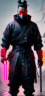 Futuristic samurai with neon lights in an urban setting.