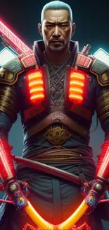 Futuristic samurai with glowing neon armor and swords as mobile wallpaper.