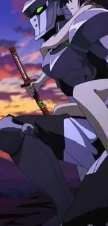 Futuristic samurai with sword at sunset anime wallpaper.