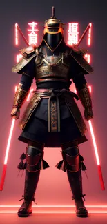 Futuristic samurai warrior with glowing neon swords and armor.