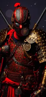 Futuristic samurai warrior in ornate armor with dark and red highlights.