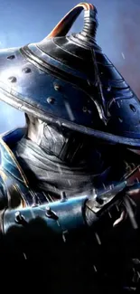 Futuristic samurai warrior with metallic helmet on a mobile wallpaper.