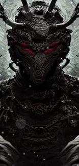 Futuristic samurai warrior with glowing red eyes in dark art style.