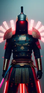 A futuristic samurai warrior with neon accents and intricate armor design.