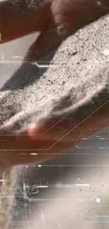 Hands pouring sand with futuristic hologram overlay.