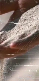 Close-up of sand and digital tech patterns on a hand.