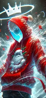Futuristic Santa hoodie character with crown in neon art.
