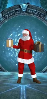 Santa with gifts in front of a blue futuristic portal.