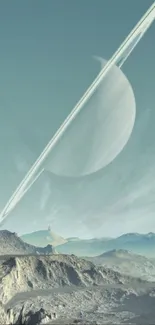 Futuristic landscape with Saturn's rings over mountains.