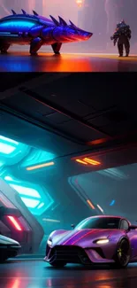 Futuristic neon-lit scene with a car and armored figure in sci-fi world.