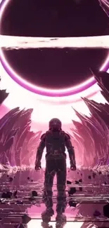 Futuristic sci-fi wallpaper with astronaut exploring an alien purple landscape.