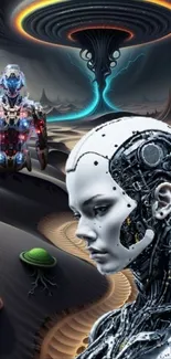 Futuristic android in a sci-fi landscape.
