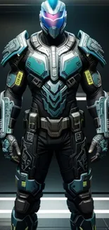 Futuristic armored character with neon hues.