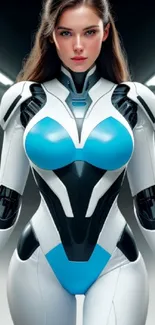 Female cyborg in futuristic armor with blue and white design.