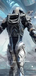 Futuristic armor in a sci-fi setting with a high-tech design.