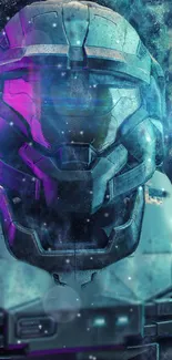 Futuristic sci-fi armor wallpaper with cosmic blue and purple hues.