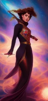 Futuristic warrior woman in cosmic art wallpaper.