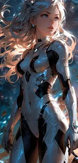 Futuristic sci-fi female character amidst cosmic landscape.