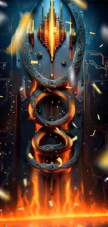 Futuristic sci-fi wallpaper with circuits and fiery elements.