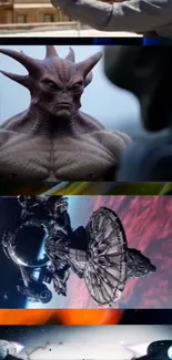 Futuristic sci-fi artwork with alien and spaceships.