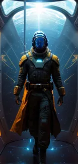 Futuristic astronaut in a glowing sci-fi corridor with neon blue and orange lights.