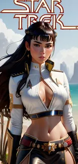 Futuristic sci-fi character on a serene beach with a clear blue sky.