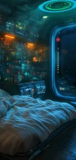 Futuristic sci-fi bedroom with neon lights and space window.