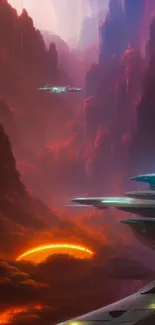 Futuristic sci-fi canyon with vibrant spaceships and alien landscape.