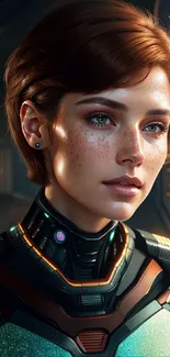 Futuristic female character in detailed armor with vibrant color scheme.