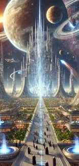 Futuristic cityscape with planets and towers