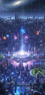Futuristic cityscape with vibrant lights and advanced architecture.