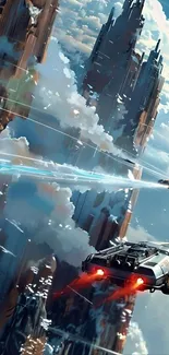 Futuristic cityscape with flying vehicles and skyscrapers under a blue sky.