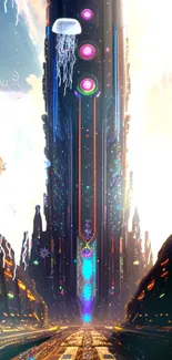 Futuristic cityscape with neon lights and towering structures.