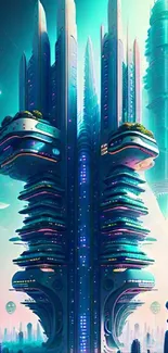 Futuristic cityscape with neon lights and towering architecture.