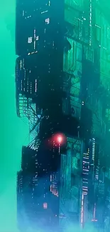 Futuristic sci-fi cityscape with neon lights and architecture.