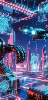 Futuristic cityscape with neon lights and drones.