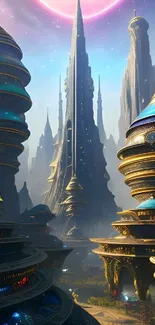 Futuristic sci-fi cityscape with tall spires and neon lights.