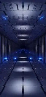 Futuristic dark blue sci-fi corridor wallpaper with vibrant lighting effects.