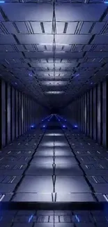 Futuristic sci-fi corridor with metallic blue tones.