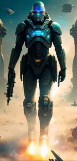 Futuristic cyber warrior in sci-fi scene with spaceships and glowing armor.