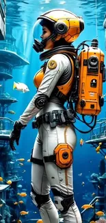 Futuristic diver exploring underwater sci-fi scene.