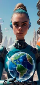 Futuristic explorer with globe in vibrant sci-fi setting.