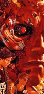 Futuristic sci-fi movie poster with bold red tones.