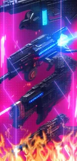 Futuristic sci-fi guns with vivid pink backdrop.