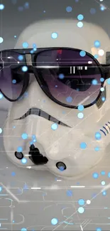 Futuristic helmet with digital blue lights and sunglasses on white background.