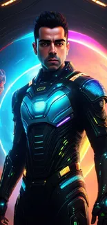 Futuristic sci-fi hero in a cosmic setting with vibrant neon lights.