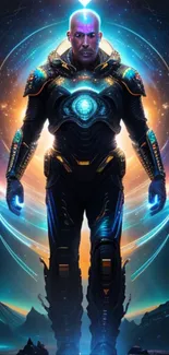 Futuristic sci-fi warrior in neon armor